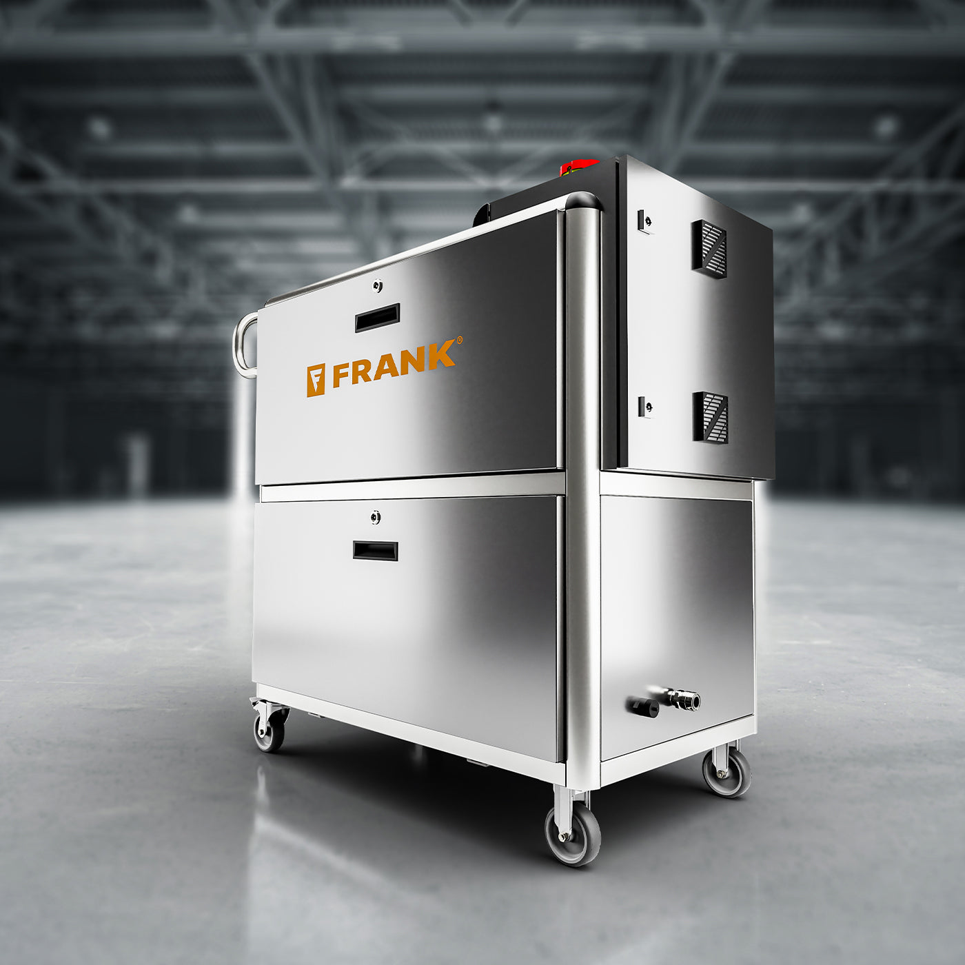 Ein Produktbild eines mobilen, elektrisch beheizten FRANK Trockendampfreinigers der iSteam-Serie in Edelstahlausführung