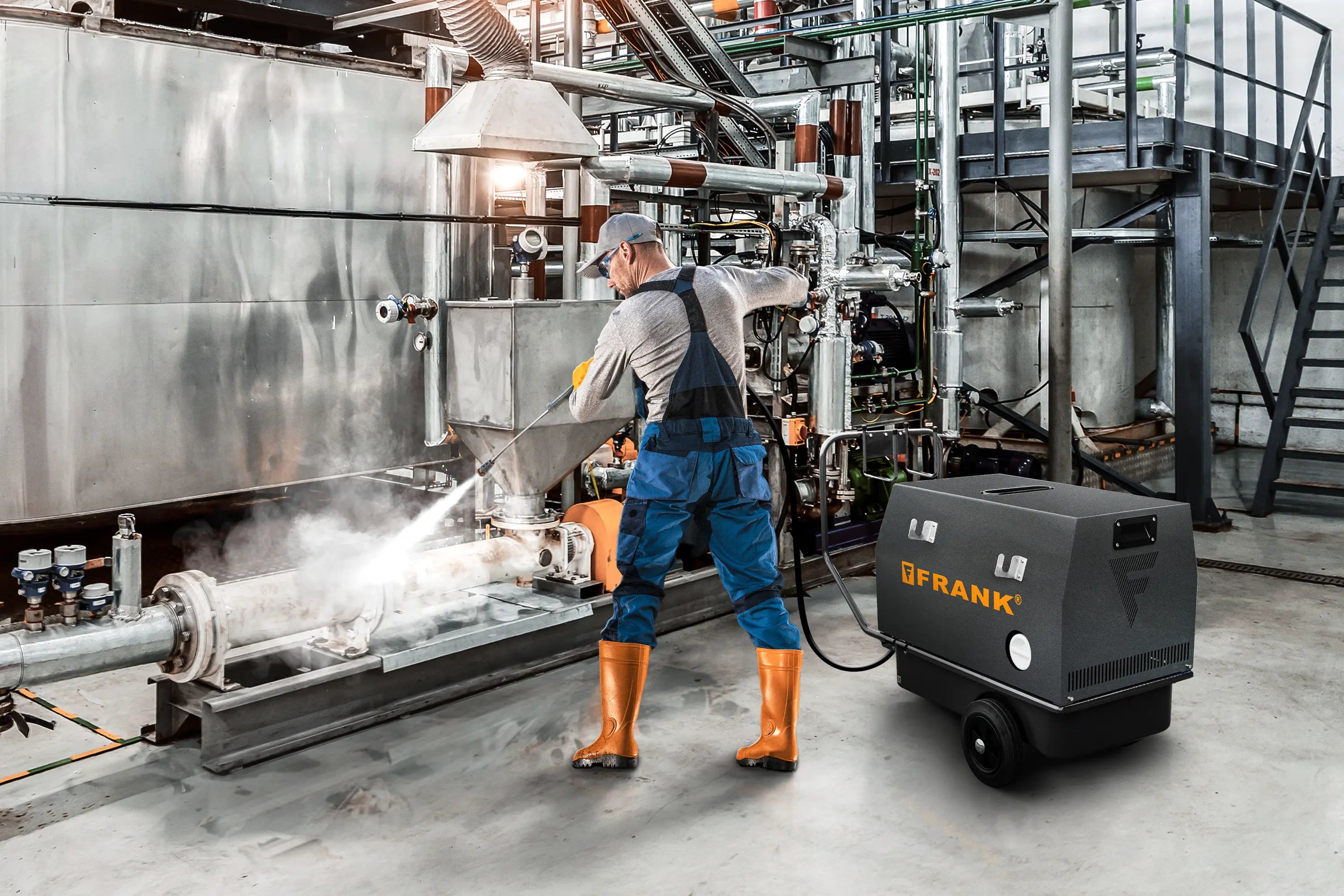 Reinigung einer Produktionsanlage mit einem mobilen FRANK Hochdruckreiniger